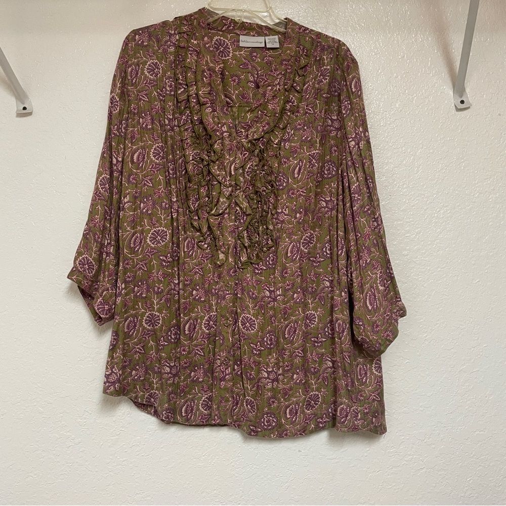 Soft Surroundings womens floral ruffle button up button  blouse shirt  top green